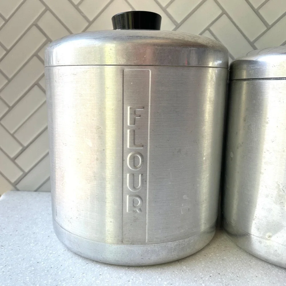 1950s Vintage Spun Aluminum Kitchen Canister Set of 4 Nesting Art Deco MCM